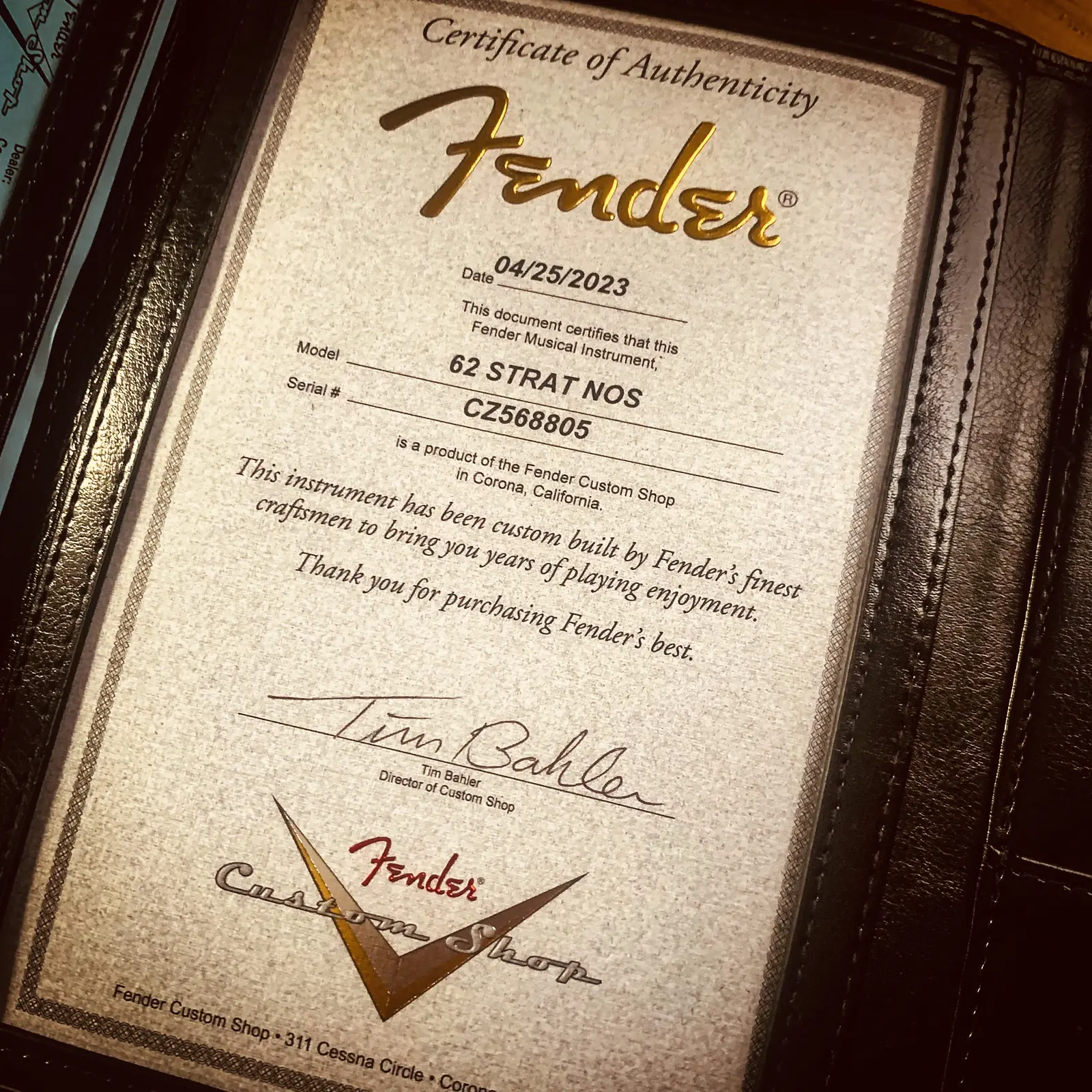 Fender Custom Shop Stratocaster Certificate